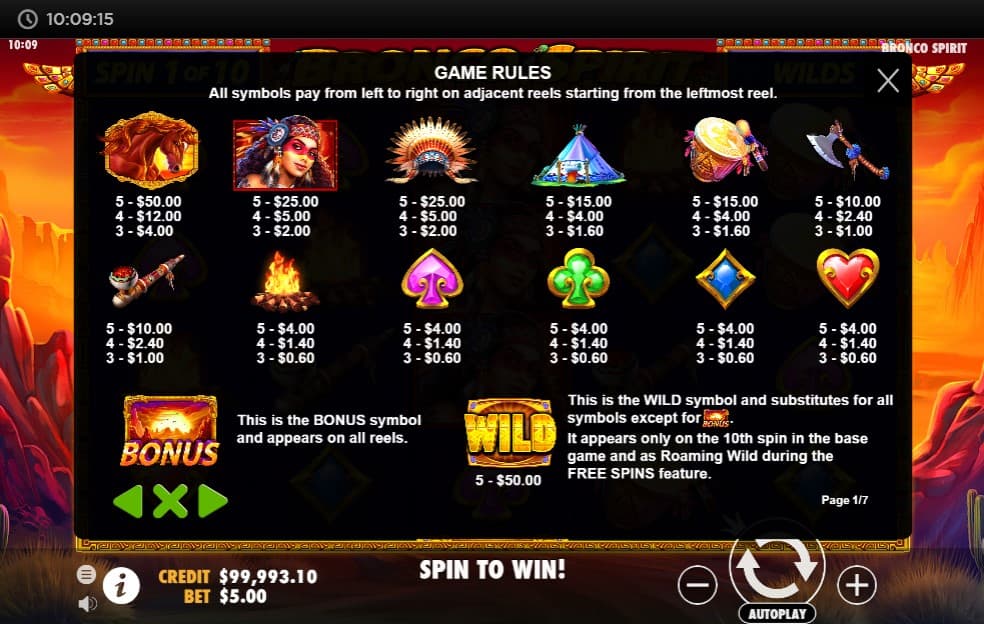 Bronco Spirit Slot Paytable