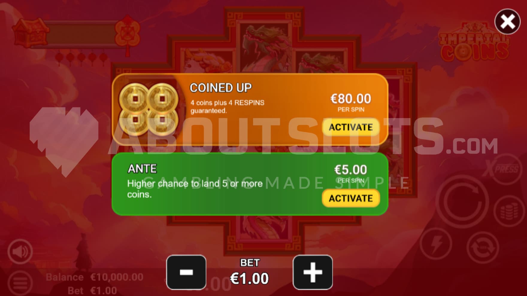 A small window infront of the reels with the Feature Buy and Ante Bet options