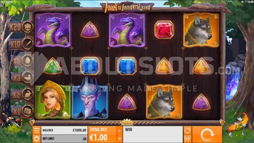The playing grid set in the forest with various characters and creatures on the reels