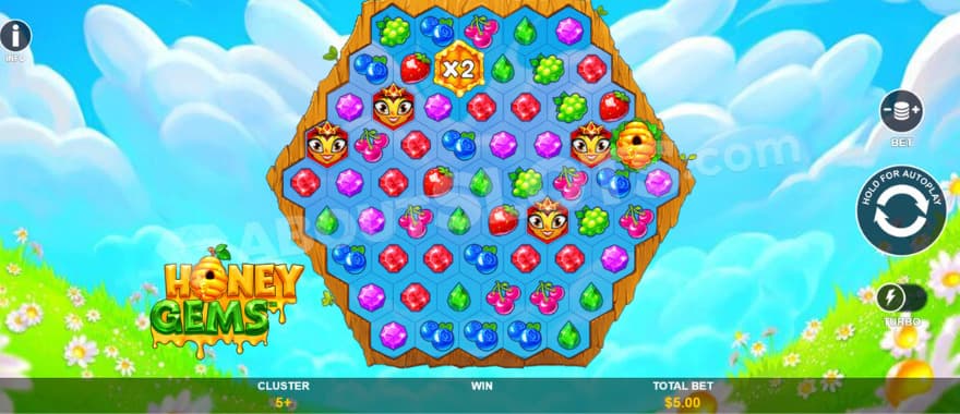 A hexagonal grid with bees and fruit symbols in the countryside.