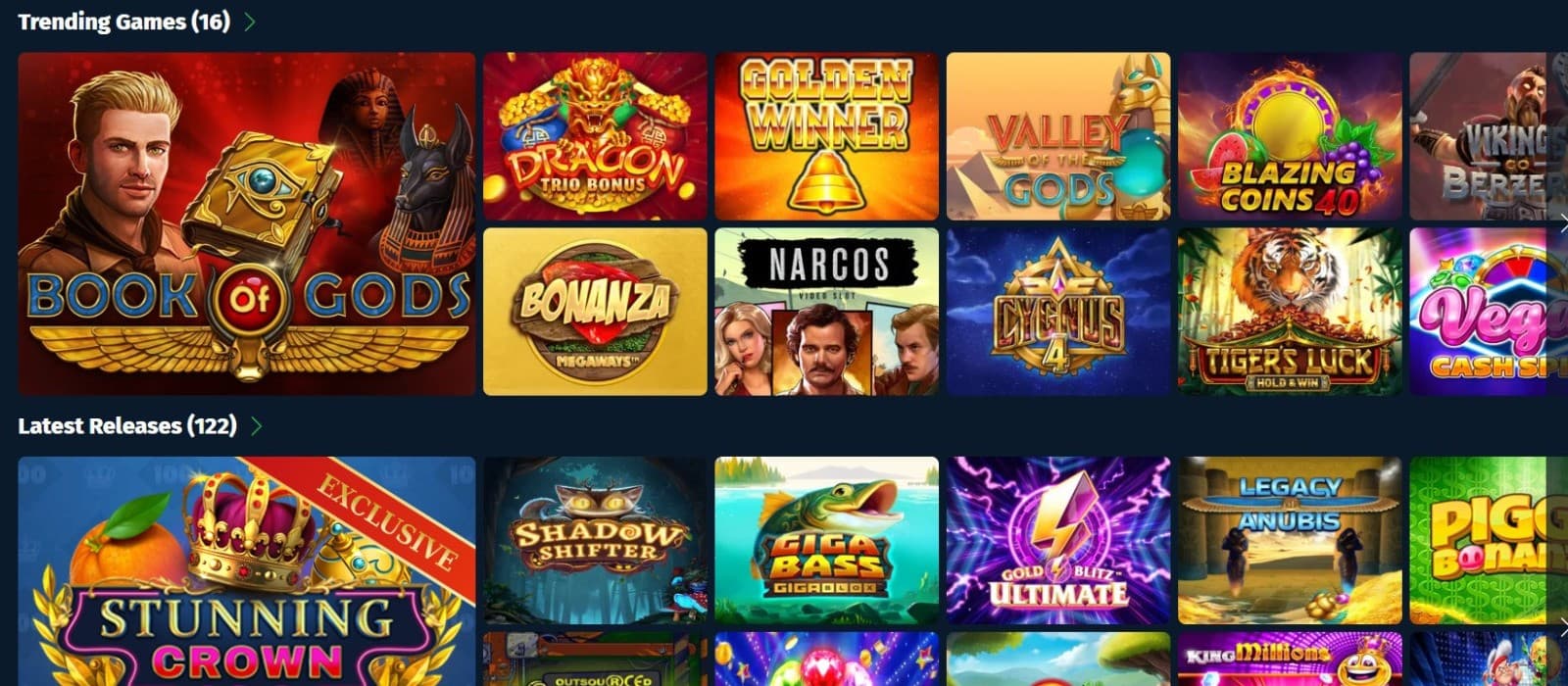 The games page of Lapilanders Casino displays a range of trending games, such as Book of Gods, Bonanza Megaways, and more.