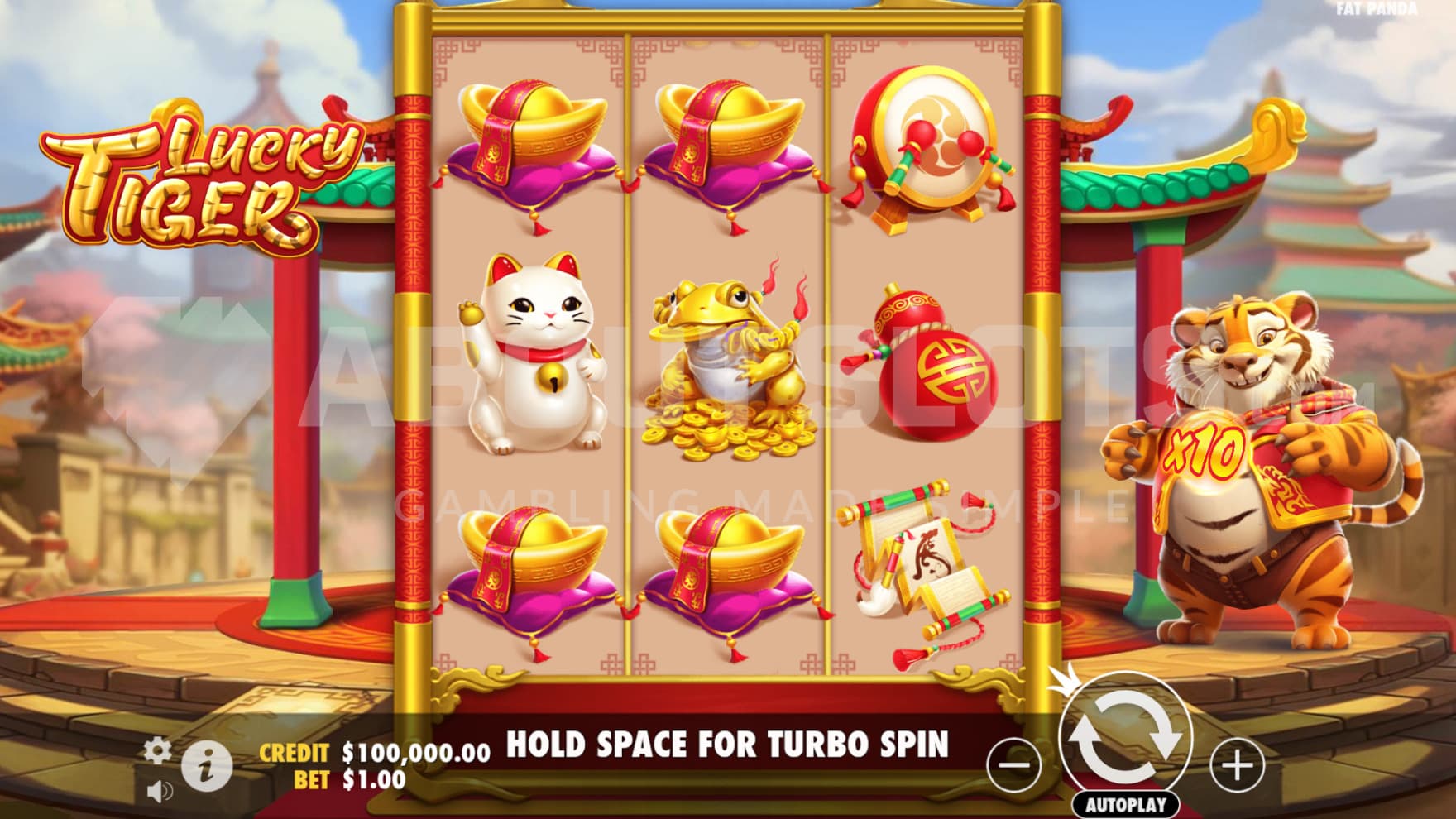 The tiger stands to the right of the reels with a multiplier in his hands