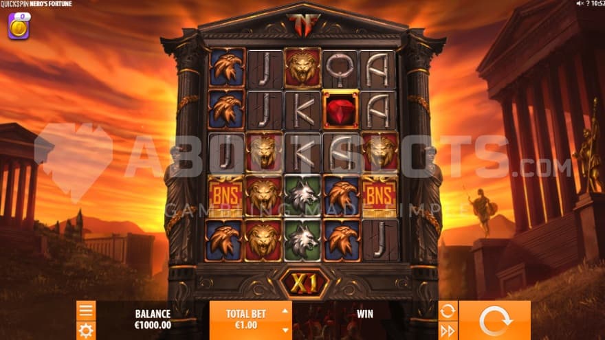 The base game playing grid set in ancient rome with an orange sun setting in the background