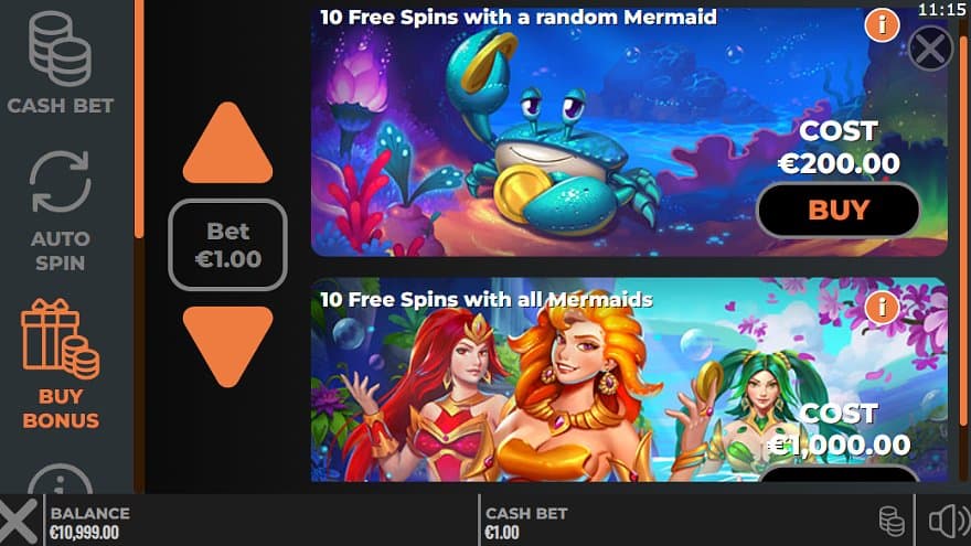 A screen offering 10 Free Spins with a random Mermaid for 200X the bet or 10 Free Spins with all Mermaids for 1,000X the bet.