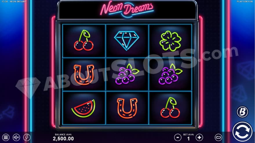Base game with fruit symbols in neon on the reels.