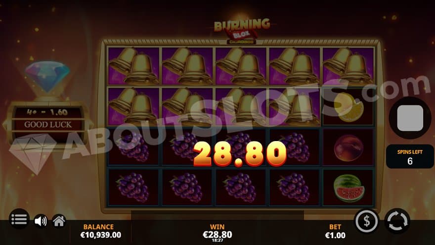 A 28.8X win containing bells and grapes in the Free Spins.