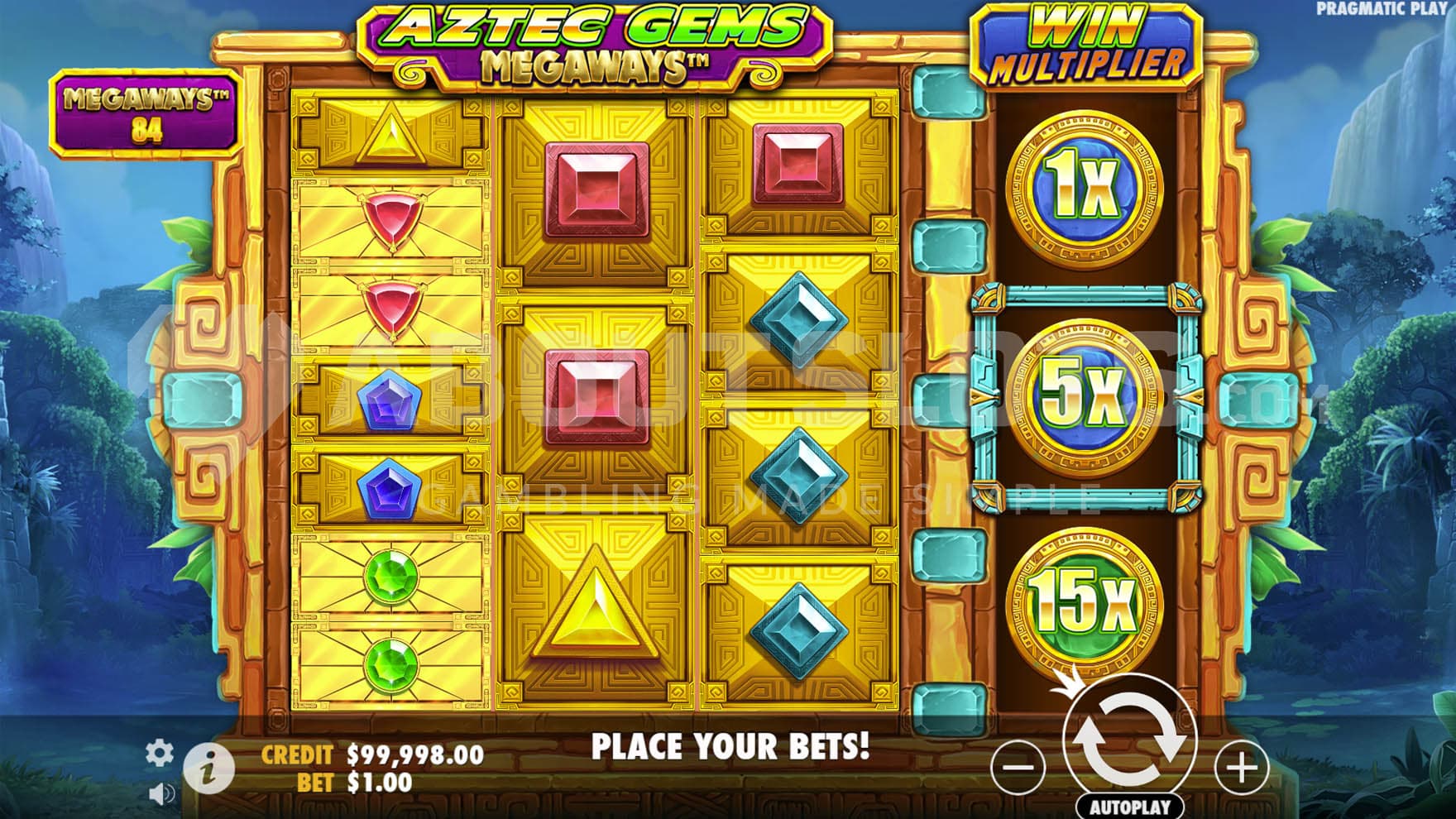 Base Game showing a 3-reel grid with a variable number of symbols per reel and an additional reel with multiplier values.