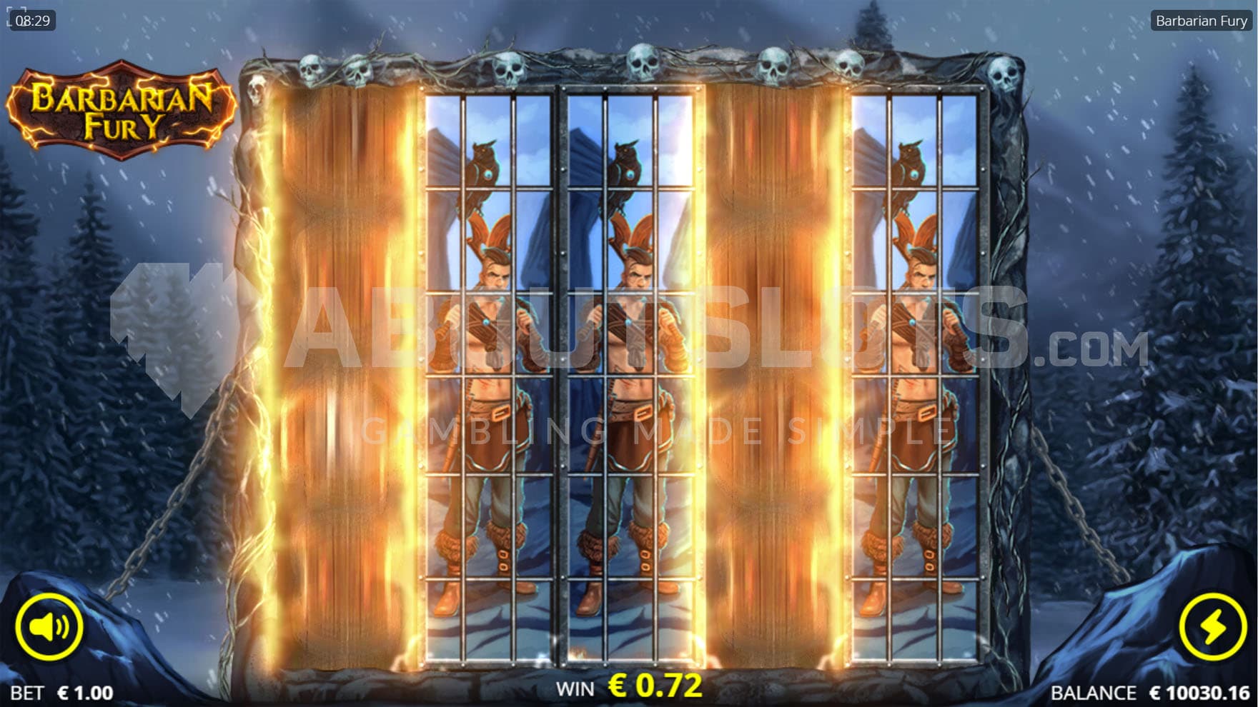 Barbarian Respin feature triggered in the base game, showing 3 stacks of high-paying symbols locked on reels 2, 3, and 5, with a respin in progress.