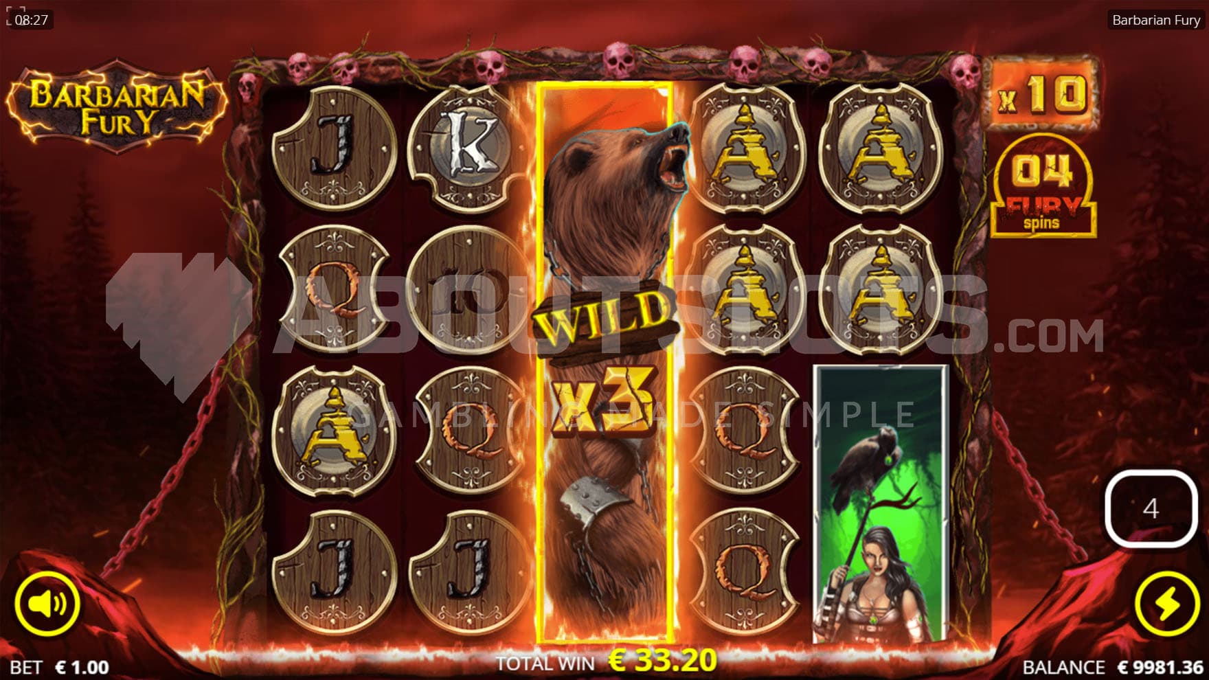 Fury Spins bonus in progress, showing an xNudge Wild on the middle reel and the Wild Multiplier increased to x10.