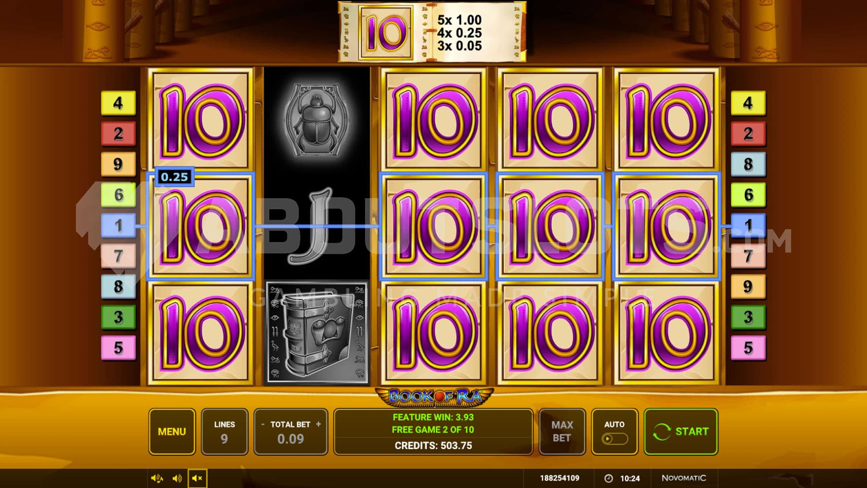 Free Spins bonus in progress with the symbol "10" selected as Expanding Symbol and a win on 4 simultaneous reels.