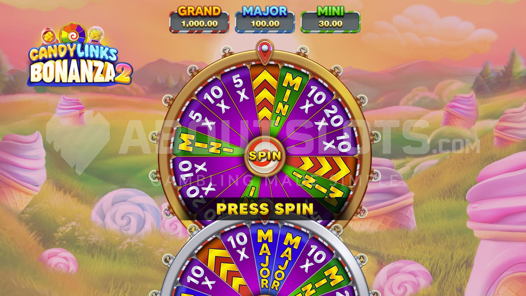 Wheel of Fortune bonus in progress showing the Mini starting wheel.
