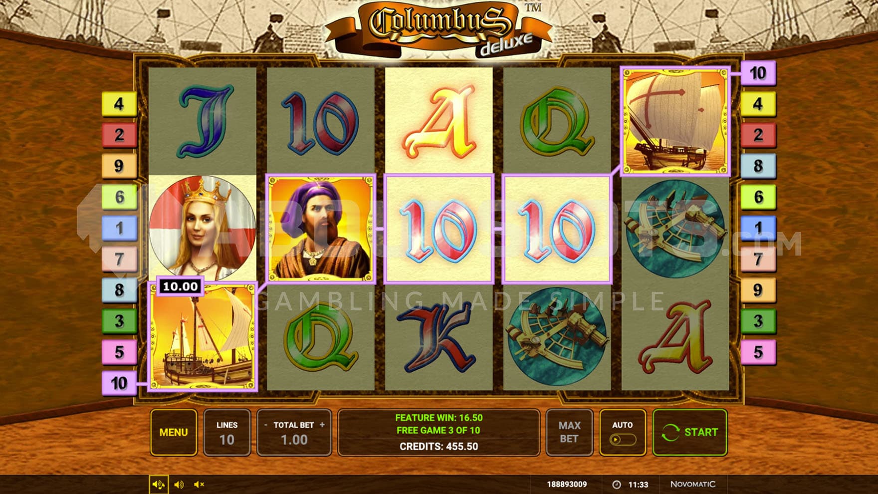 Free Spins round in progress where ship Scatters become Wilds, showing a 5-of-a-kind win using ship Wilds and Columbus Wild in the same payline.