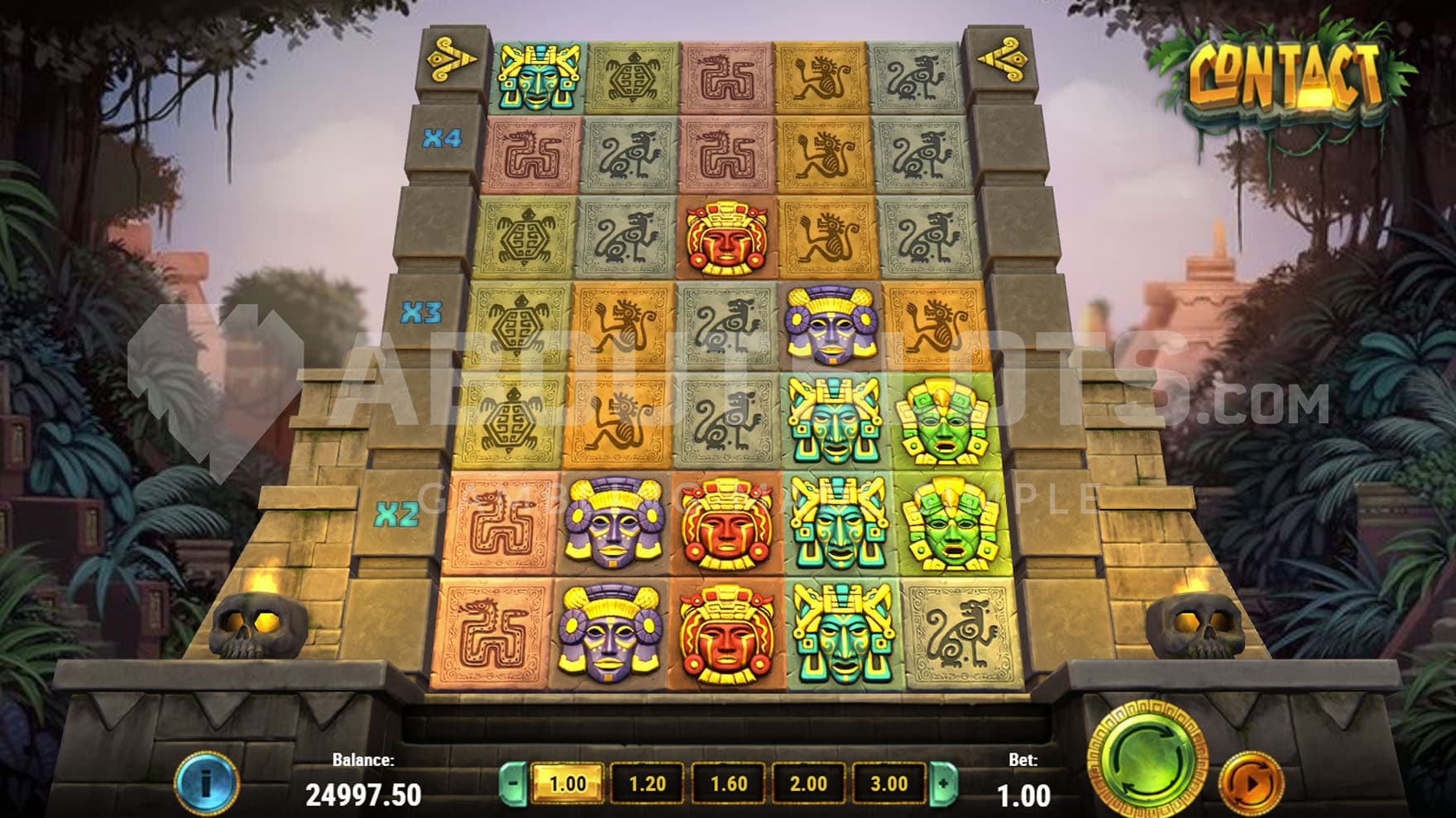 Base Game view of a 5x7 grid made of stone blocks on a backdrop of an exotic jungle.