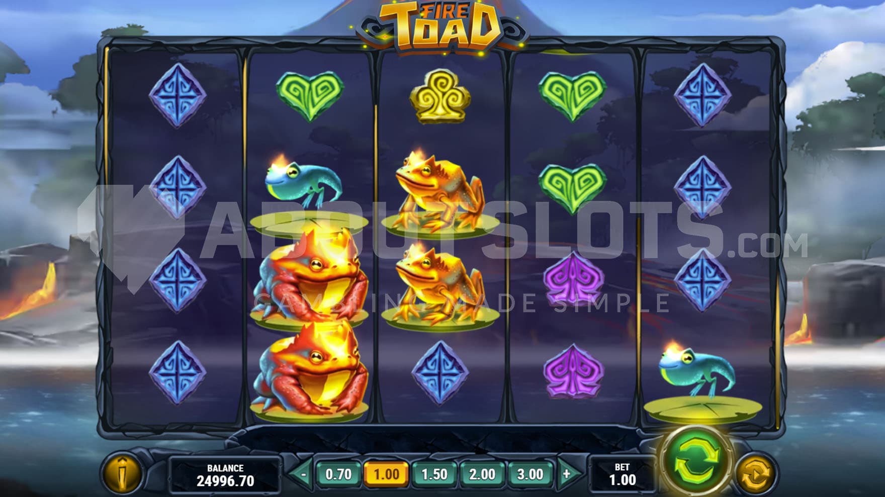 Base Game view of a 5x4 grid on a backdrop of a volcanic island.