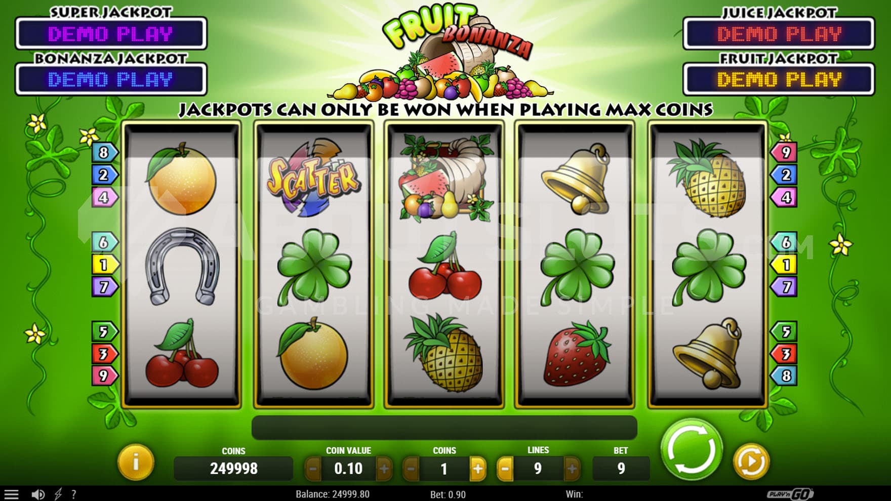 Base Game screen showing a 5x3 grid filled with fruit symbols on a green background with a bright flash of light in the middle.