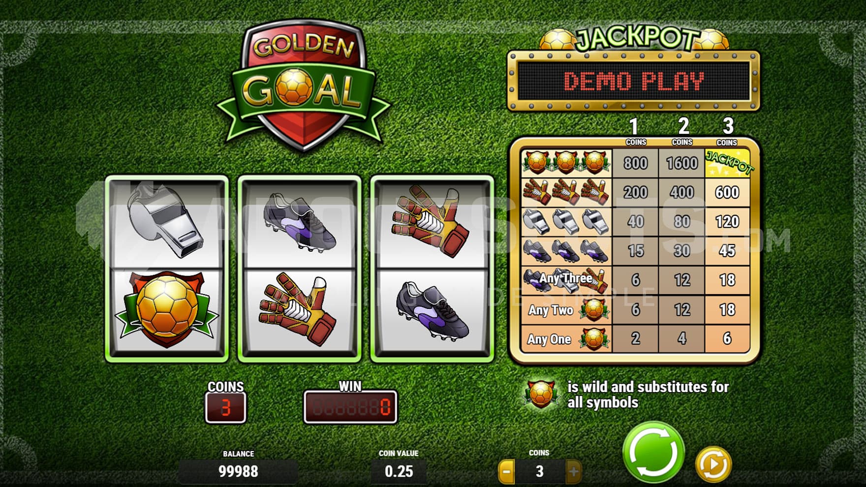 Base Game view of a 3-reel grid with a paytable displayed on the right.