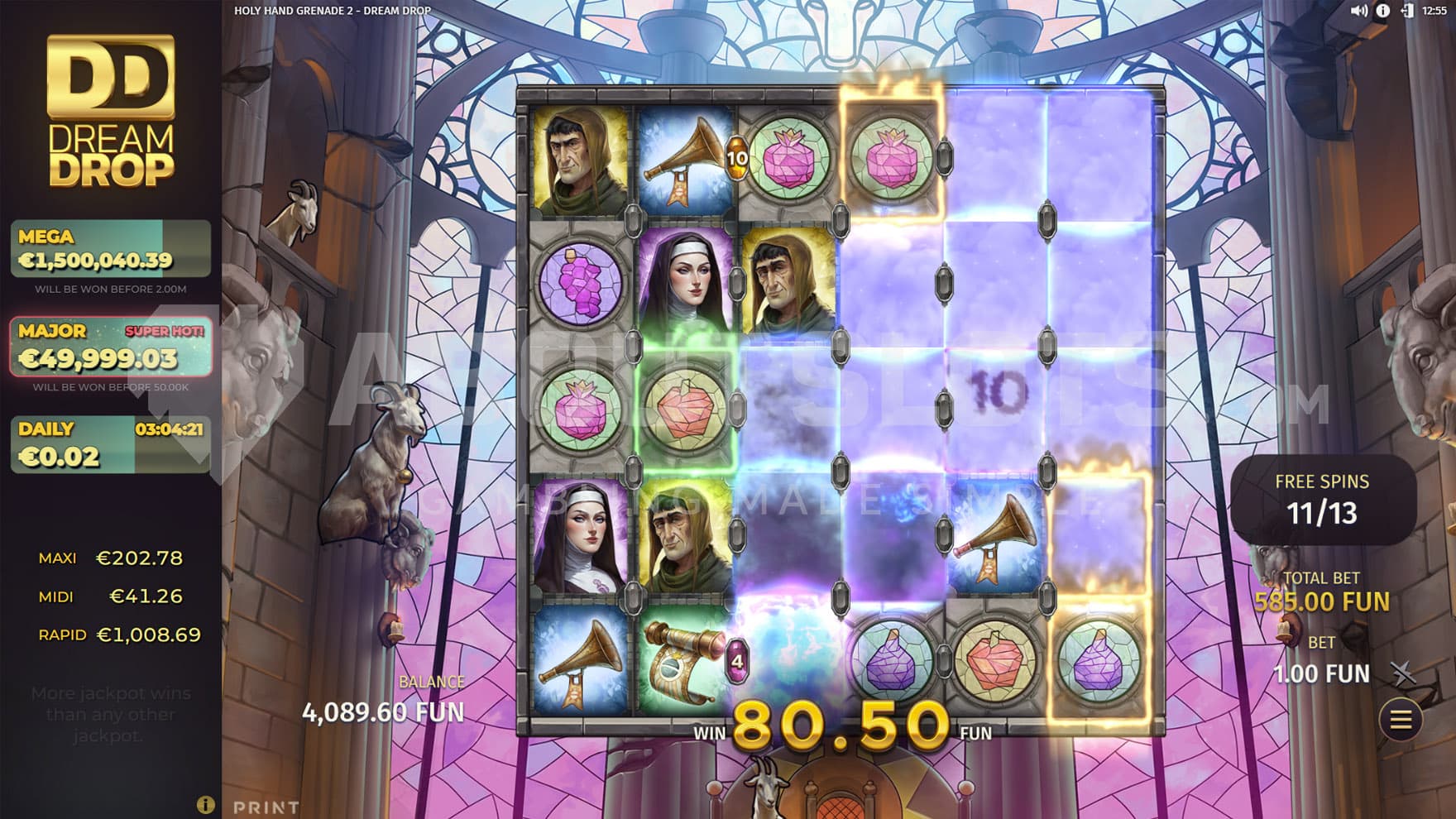 Free Spins bonus in progress, showing multiple spaces on the grid affected by explosions, ready to reveal matching symbols.