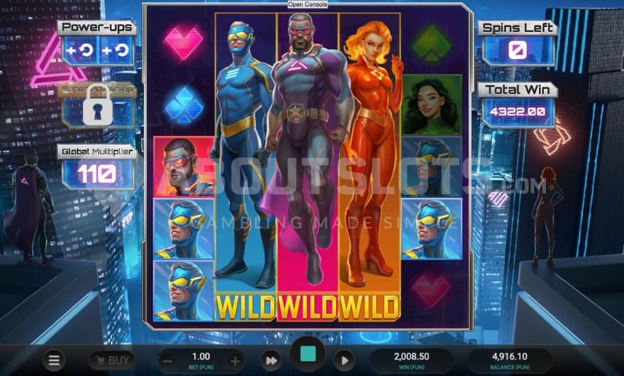 Three fully expanded wild symbols on the middle reels during immortal silver bonus game.