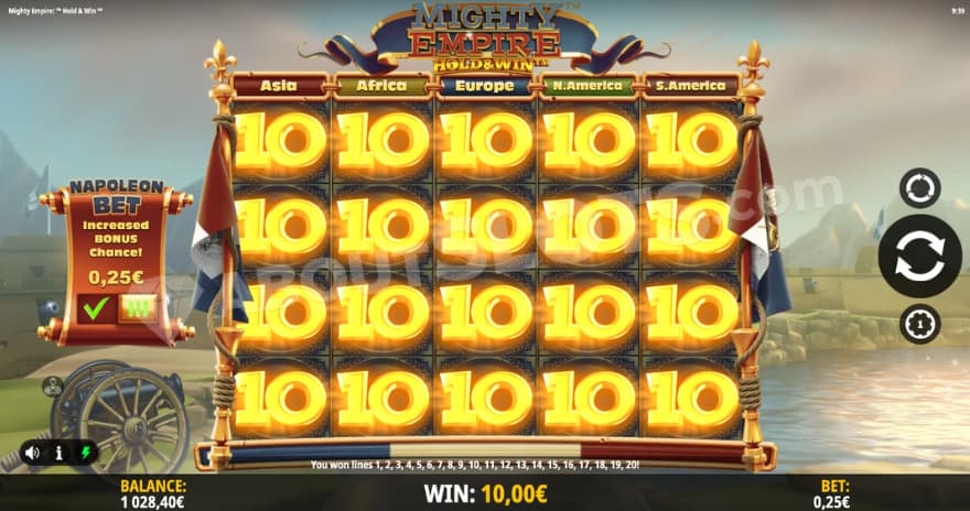 A big win with all reels being covered by 10's.