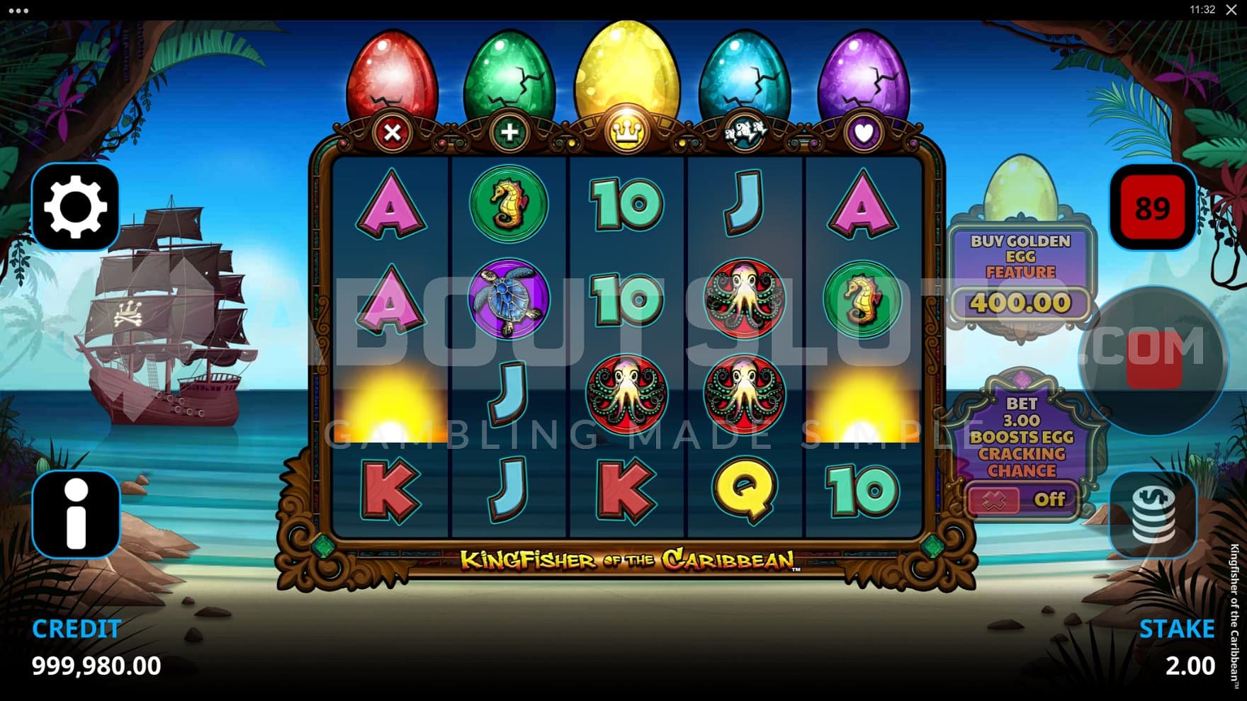 A casino slot with five reels at a tropical beach next to a pirate ship.