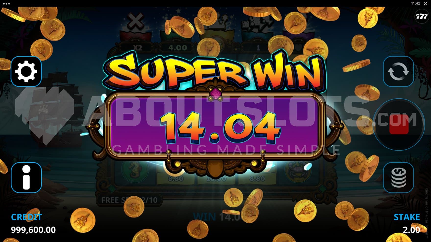 Gold coins flying through the sky on a super win.