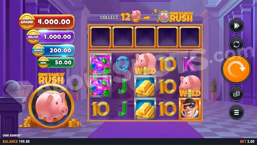 A casino slot in a purple bank building.