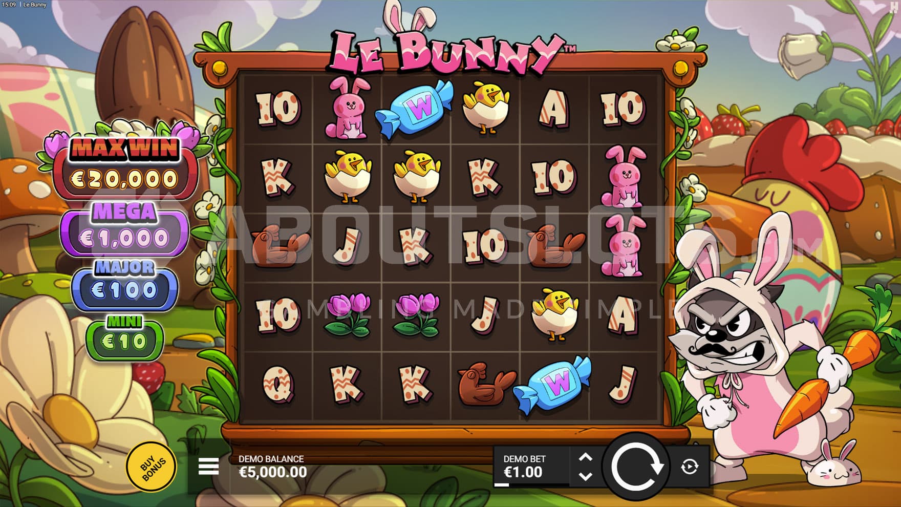 Base Game view of a 6x5 grid on a backdrop of a cartoon natural landscape with a raccoon dressed like Easter Bunny on the right.