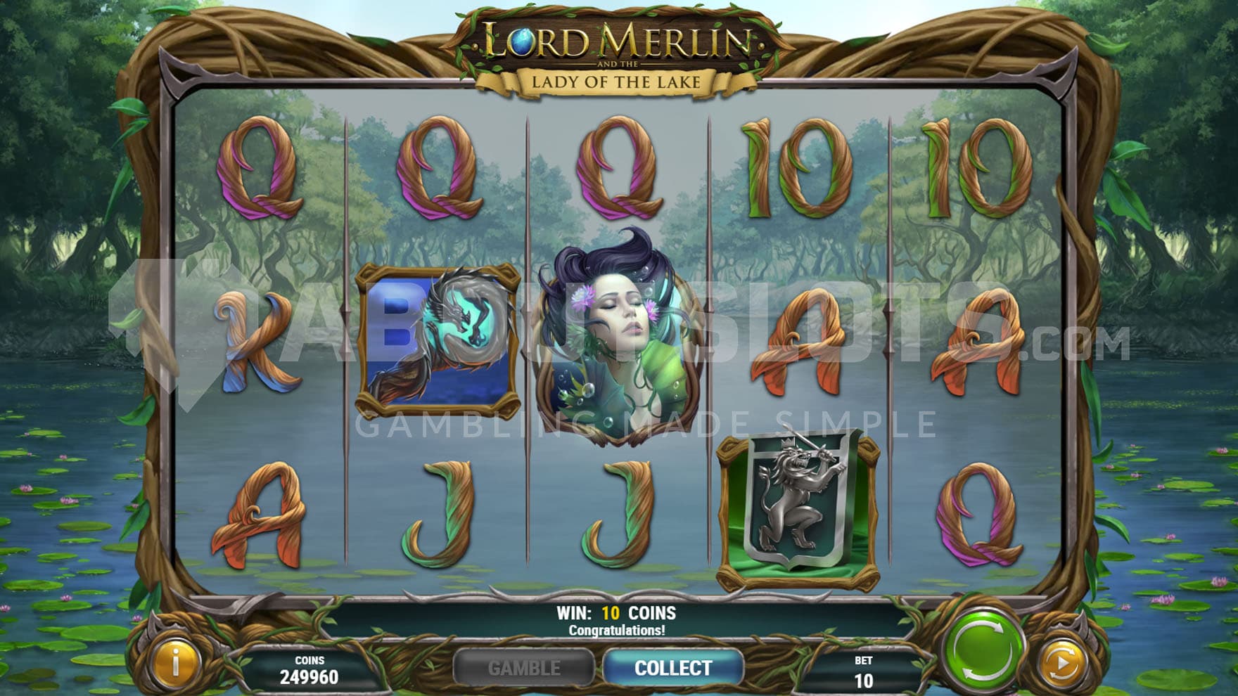 Base Game view of a 5x3 grid surrounded with vines on a backdrop of a lake in the middle of a forest.