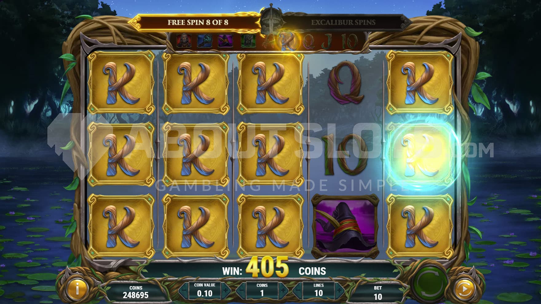 Free Spins bonus in progress, showing the symbol K being selected and expanding along 4 reels.