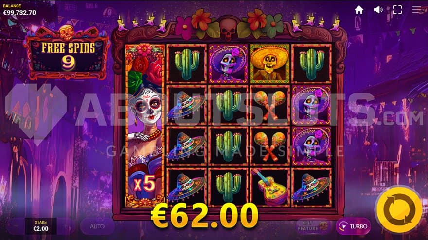 A wild 5X symbol on the first reel in the Free Spins.