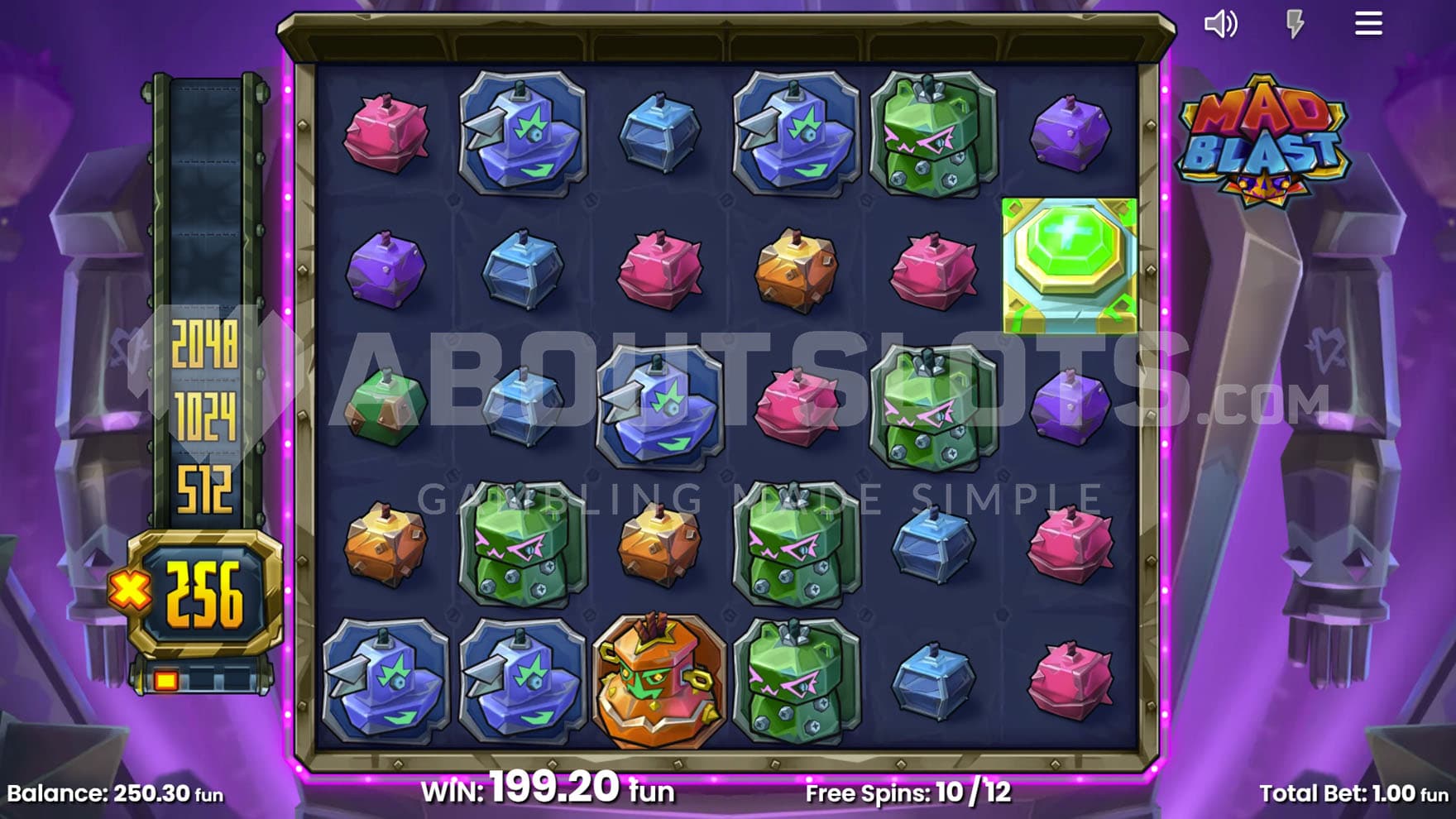 Free Spins bonus in progress with several multiplier levels removed, showing an active x256 multiplier on the trail.