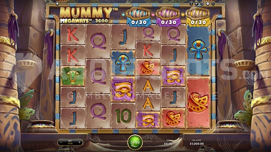 A casino slot with 6 reels in an Egyptian setting.