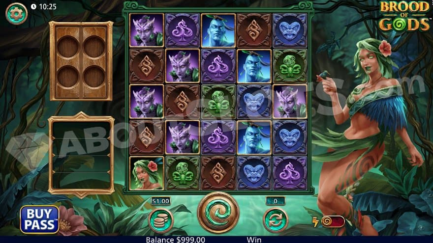 A forest landscape with the goddess Papa to the right of the five reels.