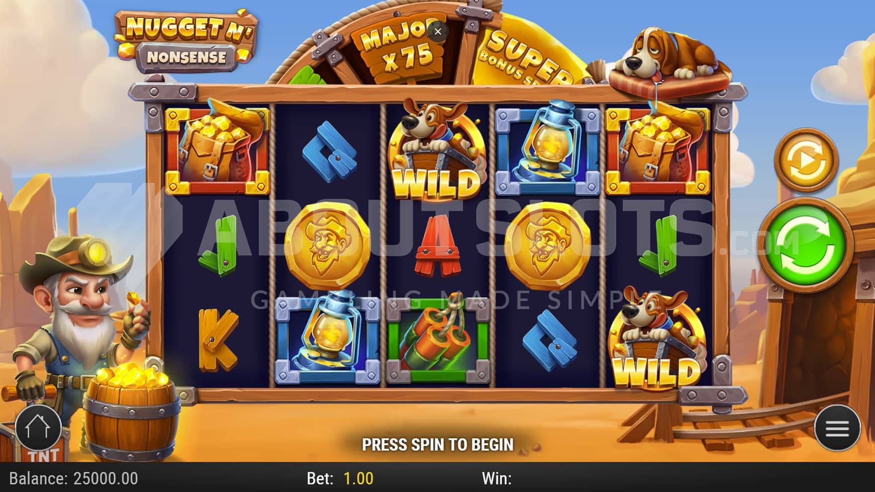 Base Game view of a 5x3 grid on a backdrop of rocky plains, with a prospector standing on the left.