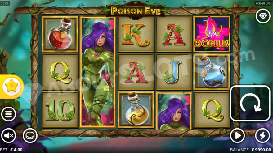 Base game with a fully expanded poison eve symbol on the second reel.