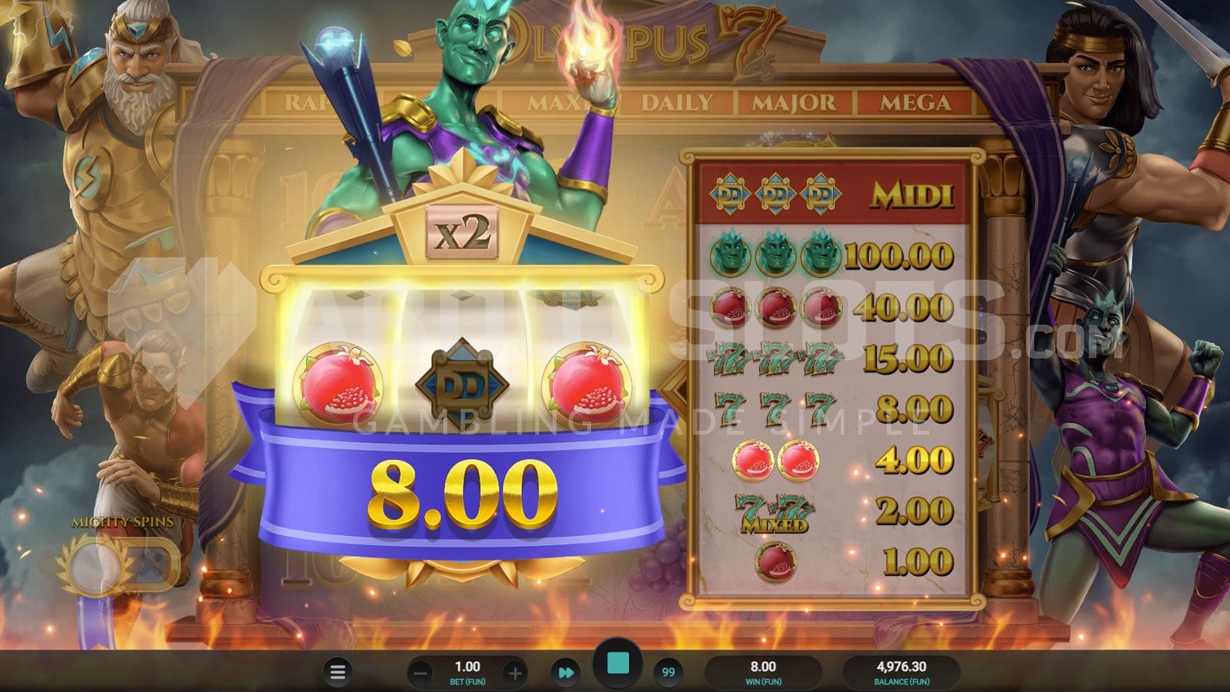 Mini Slot game triggered in the base game, showing the Hades variant with multipliers applied to wins.
