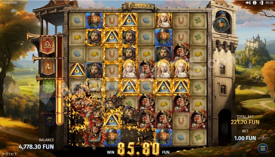 Tarasque monster devouring symbols on the reels.