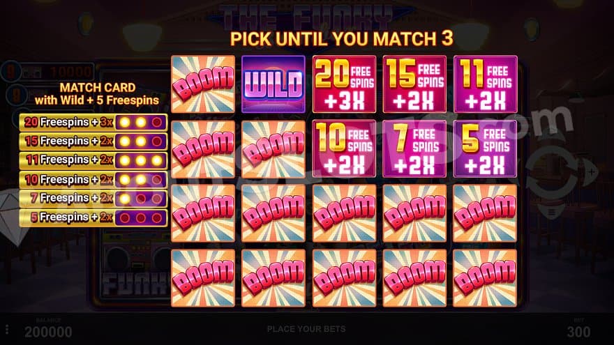 20 tiles with symbols containing free spins and multipliers.