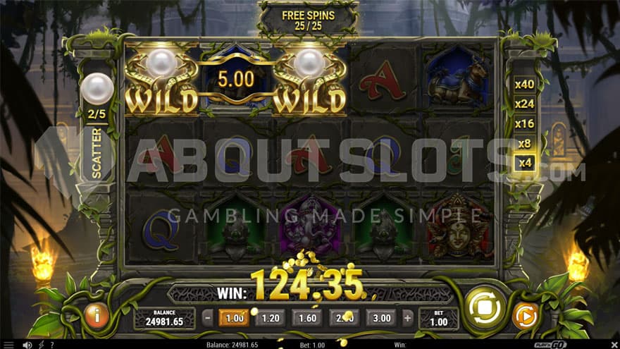 Free Spins feature with two wild symbols on the reels with a 4X multiplier on the side.