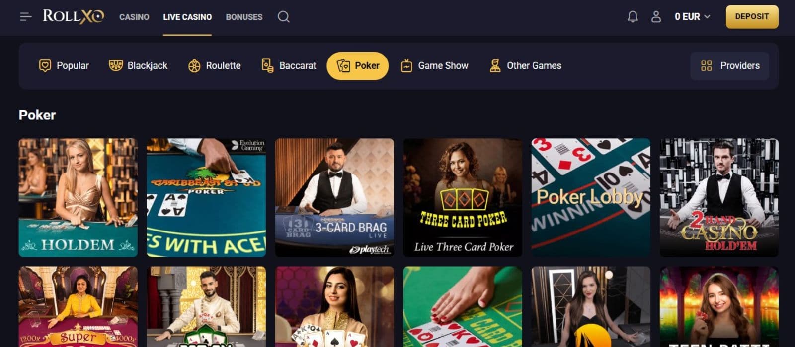 RollXO Casino's live games section, showing variations of poker.