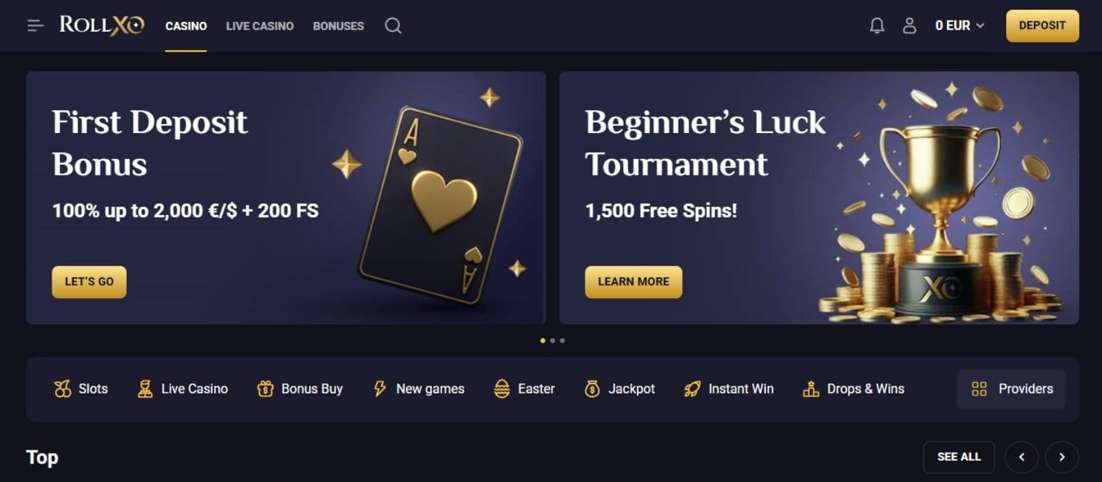 RollXO Casino's homepage, showing the first deposit bonus and Biginner’s Luck Tournament banner.