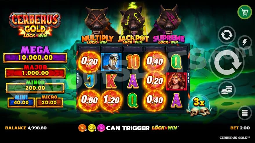 A casino slot with Cerberus' three heads overlooking it.