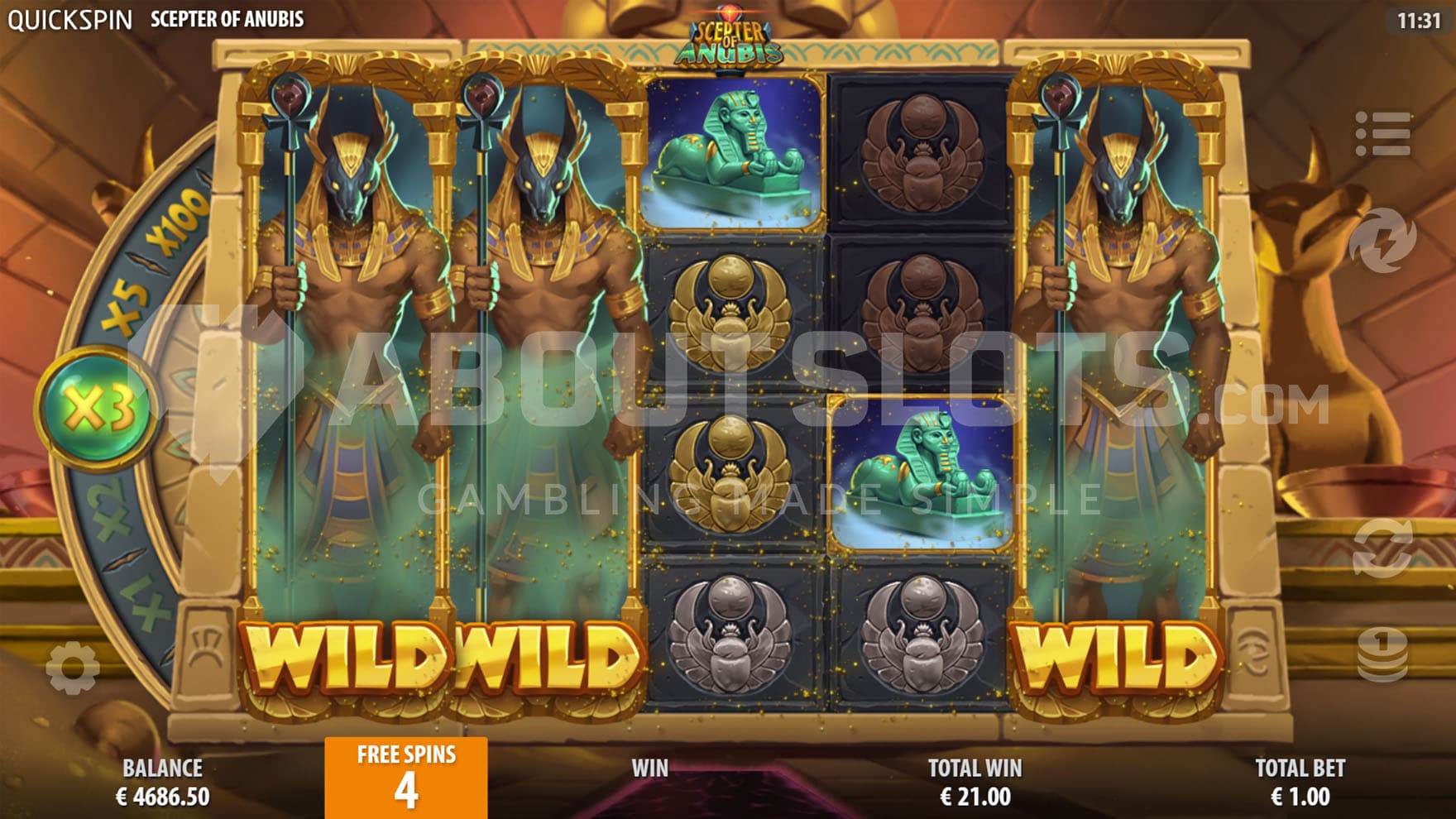 Super Free Spins bonus in progress, with 3 reels populated by stacked sticky Wilds and an activated 3x multiplier.