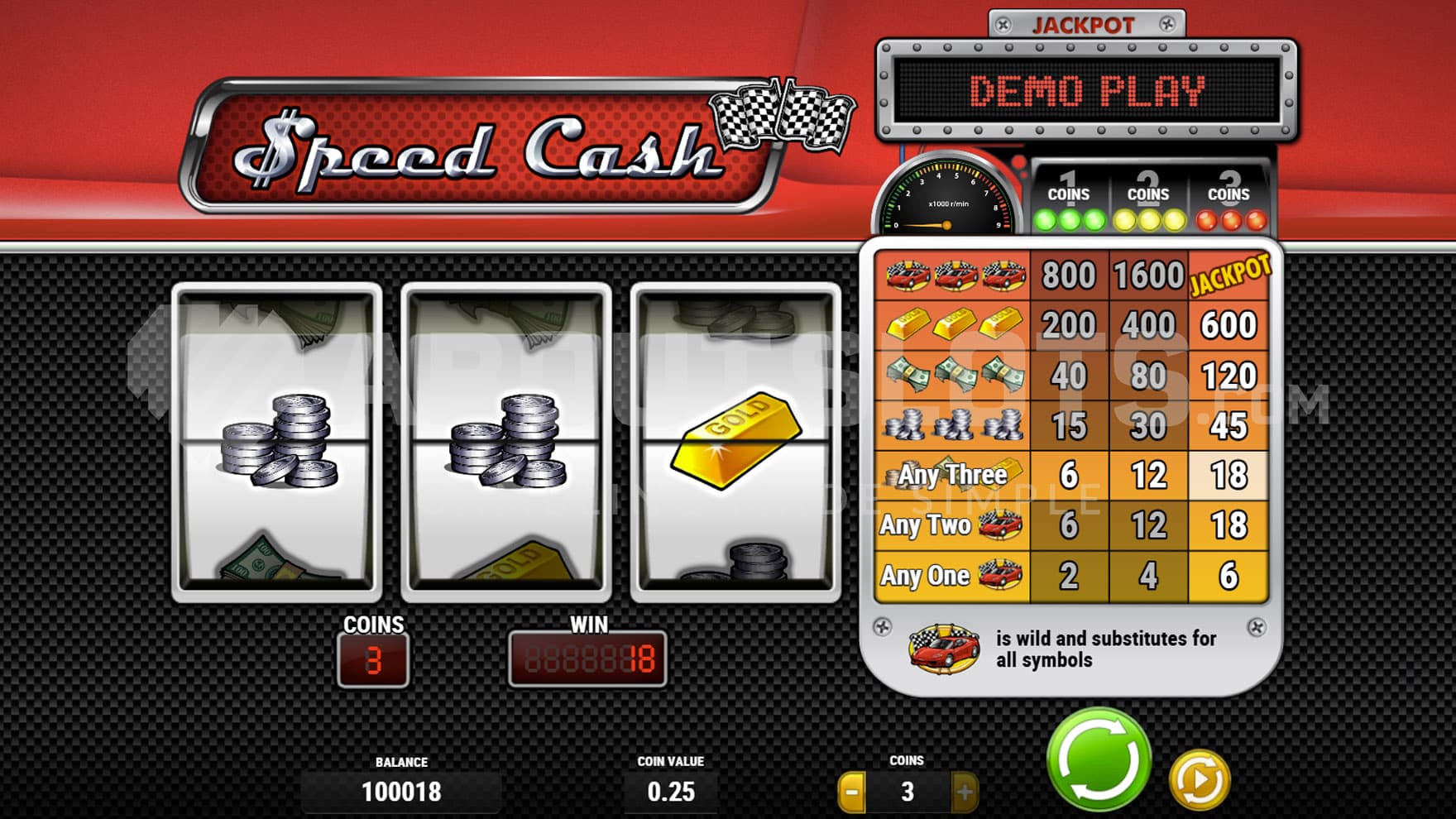 Base Game view of a 3-reel grid with a paytable displayed on the right.