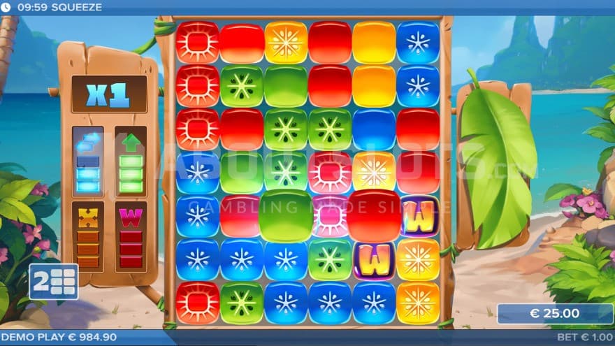 Feature meters being active with a current 1X win multiplier on the left.