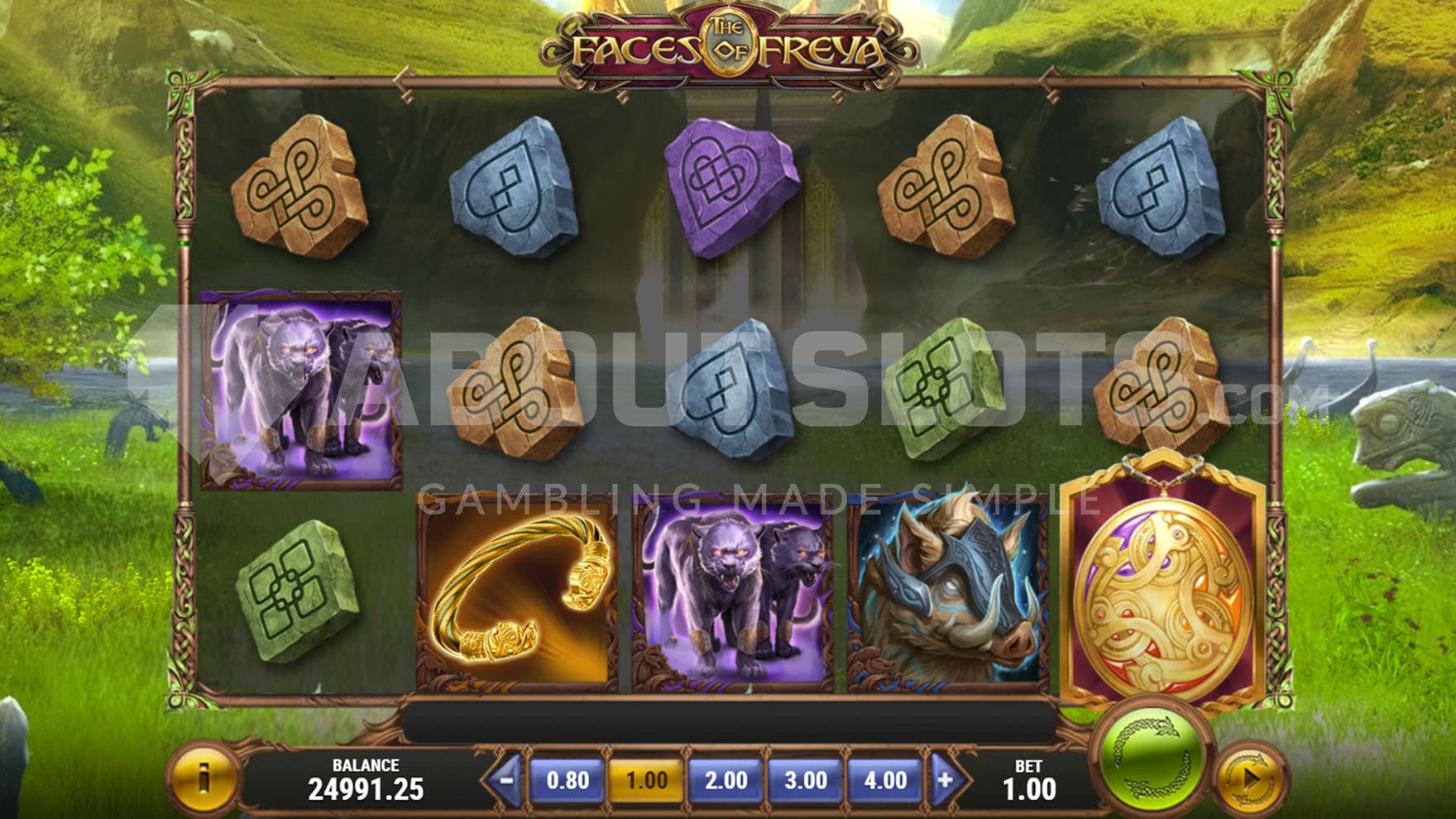 Base Game view of a 5x3 grid on a backdrop of a natural, lush landscape.