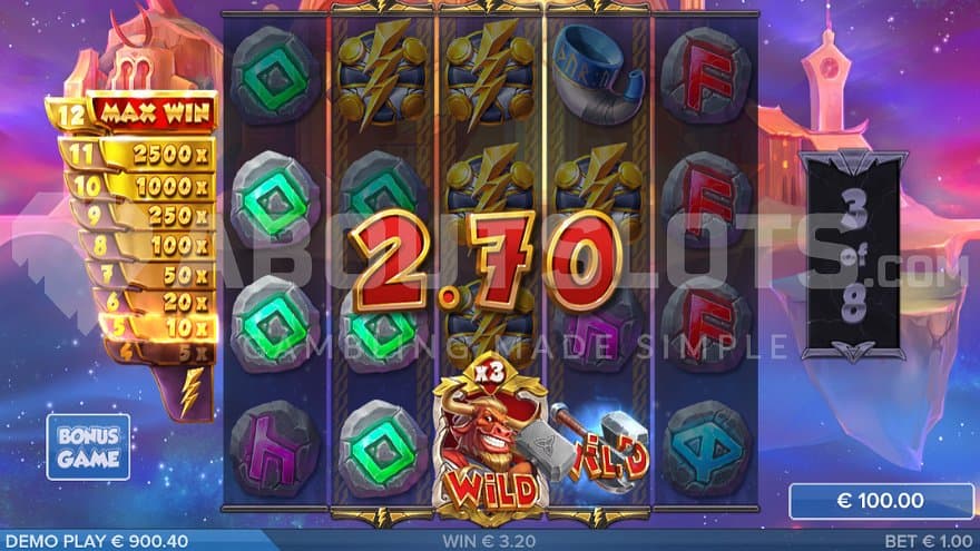 A win with a Wild Thoro on the third reel.