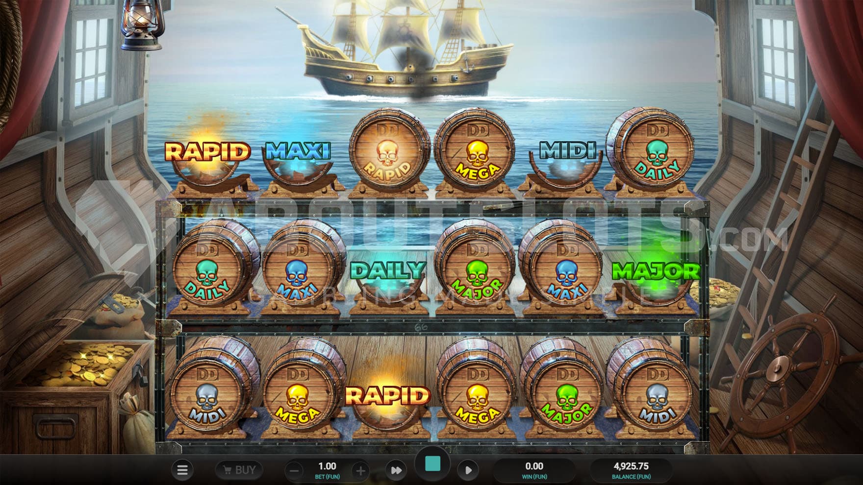 Dream Drop Bonus in progress, showing a ship shooting cannonballs at barrels with jackpot labels.