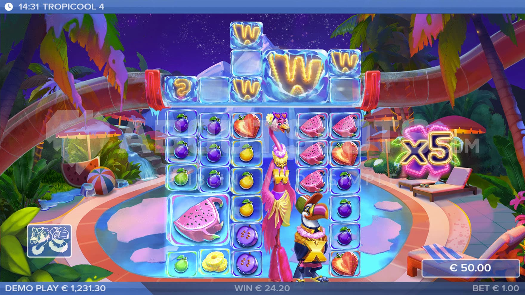 Birds Character Symbols triggered in the base game, showing a x5 multiplier and a 6x1 Walking Wild.