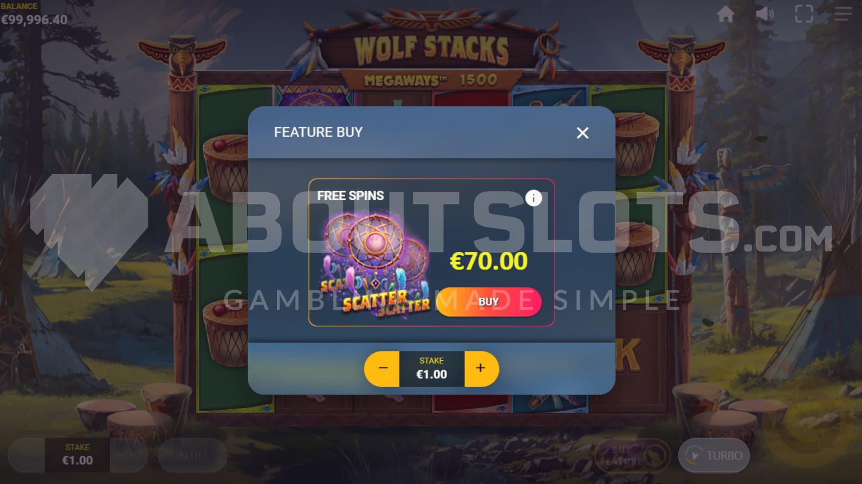 A menu offering the Free Spins for 70x the bet.